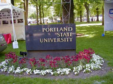 Portland State University welcome sign.