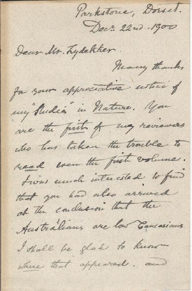 image of letter dated December 22, 1900, from Alfred Russel Wallace to Richard Lydekker, page one