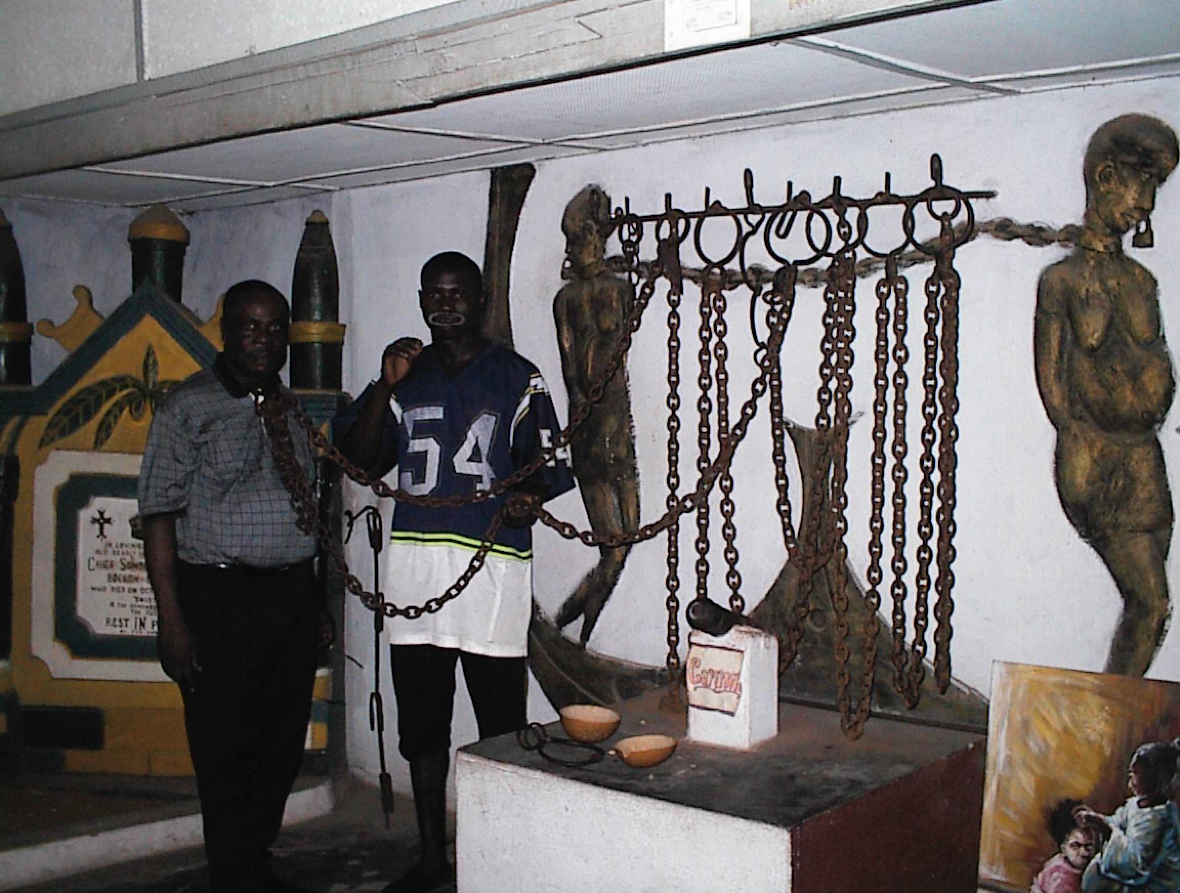 Njoku trying out the chains in the Mobe Family House Museum